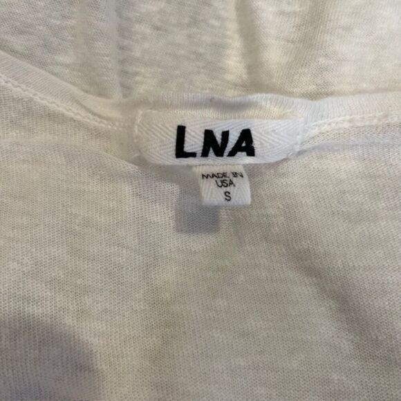 LNA Linen Blend White Slub Tee Gathered Center with Drape Tie Off Center Small - Picture 6 of 10